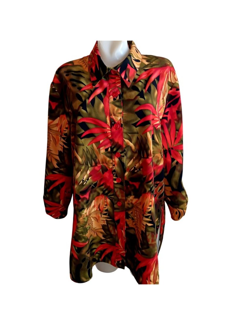 True Vintage Top XL Brownstone Studio 1990's Tropical Print Button-Up Blouse